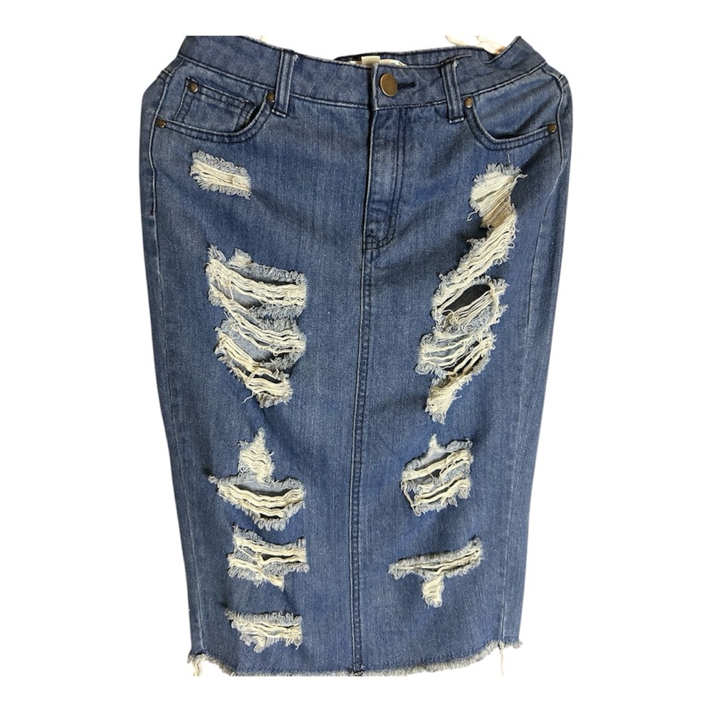 love, Fire Distressed Denim Pencil Skirt - Blue #y2k